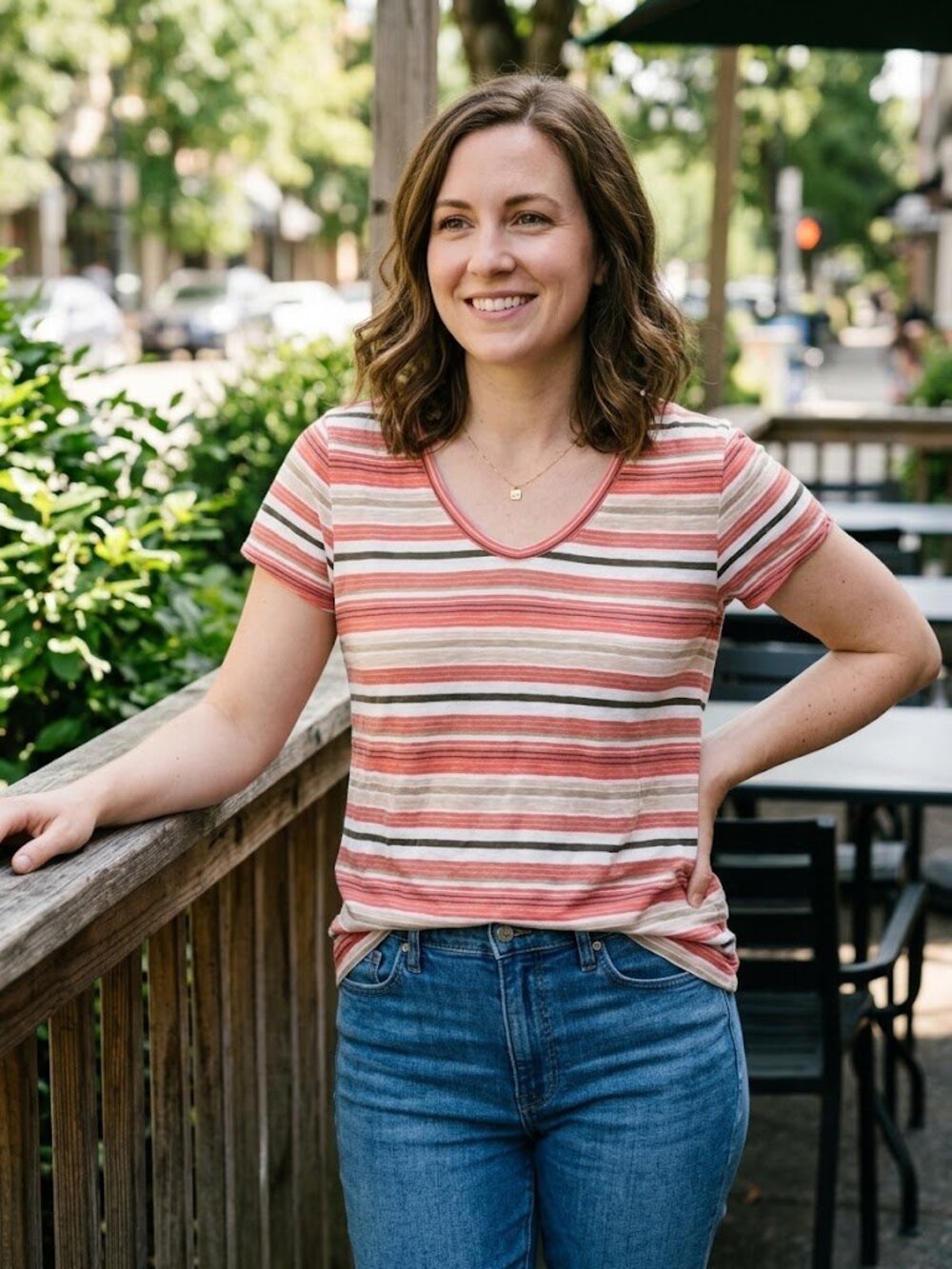 Ann Taylor Loft Short Sleeve Striped Scoop-Neck T-Shirt in Coral